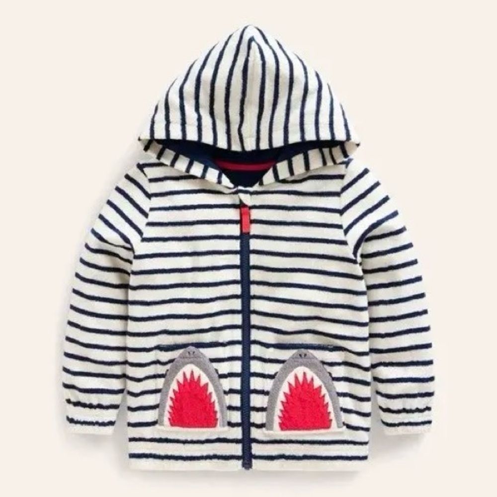 Mini Boden Kids Shark Zip Up Long Sleeve Terry Style Towelling Hoodie. 7-8.